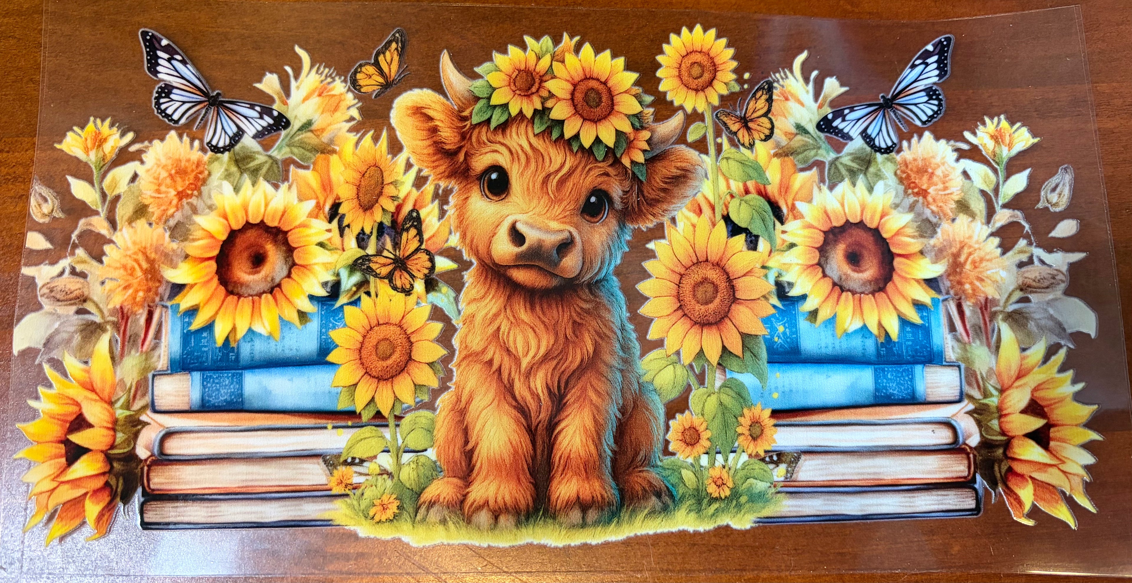 Cow with books and sunflowers